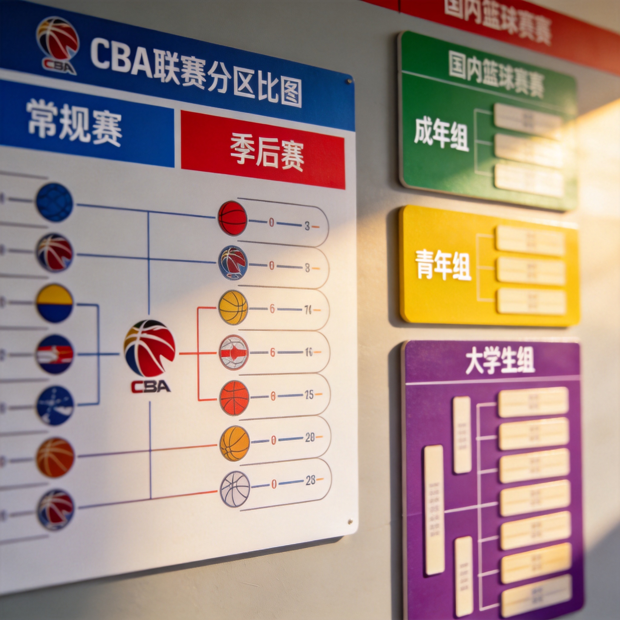CBA 国内联赛赛程与赛果栏目配图，示意常规赛与季后赛的分阶段归档方式